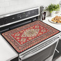 Vintage Red Boho Floral Stove Top Covers for Electric Stove, Bohemia Ethnic Style Glass Stovetop Cover with Lanyard Rug Carpet Pattern Countertop Protector Mat for Kitchen 28 x 20 Inch