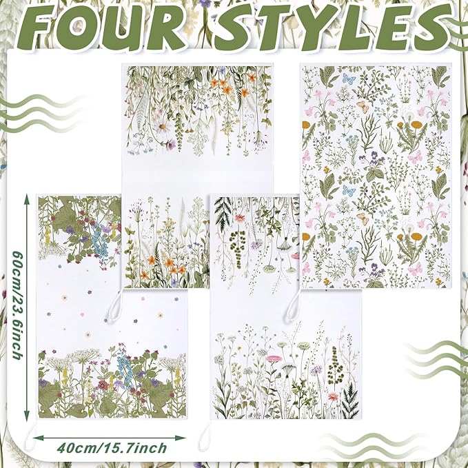 4 Pcs Wildflower Kitchen Towels Floral Hand Tea Towels Gifts | White Green Leaves Dishcloths Fast Drying Decorative Set Decor Housewarming Gift for Cooking Kitchen Bathroom