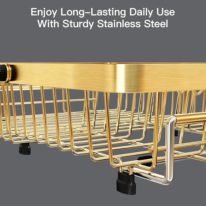 Gold Dish Drying Rack Over The Sink with Utensil Holder | Expandable Stainless Steel Dish Drainer for Small Kitchen, Apartment, RV, Counter Space Saving, Perfect Fit, Rustproof