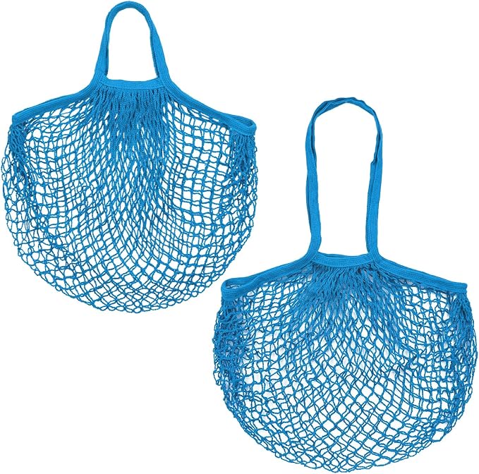 M METERXITY 2-Pack Cotton Mesh Bag, Reusable Washable Mesh Net String Grocery Bags, Reusable Produce Bags with Handle, Net Tote Bag for Fruits/Vegetables Shopping [Blue, Long&Short Handle]