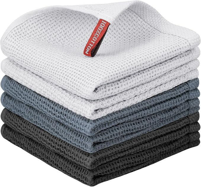 Nialnant 6 Pack Kitchen Towels, 100% Cotton, 12x12 Inches | Dish Cloth for Washing Dishes, Absorbent Quick Drying Dish Rags, Multipurpose Cleaning Rags