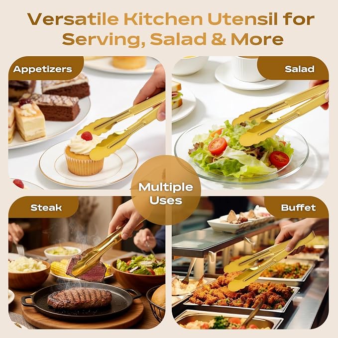 4 Pack Stainless Steel Serving Tongs, 9 Inch Gold Salad Tongs Serving Utensils Buffet Tongs Gold Plated Heavy Duty Reusable Metal Kitchen Clips for Salad, Snack, Barbecue, Catering, Wedding, Party