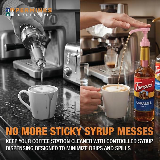 Premium Syrup Pump Compatible with Torani 750 ml Bottle, Davinci Syrups - No Spill, No Clog Syrup Pump Dispenser for Vanilla, Snow Cone, Blueberry, Coffee Flavoring & More (Pack of 6, Pink)