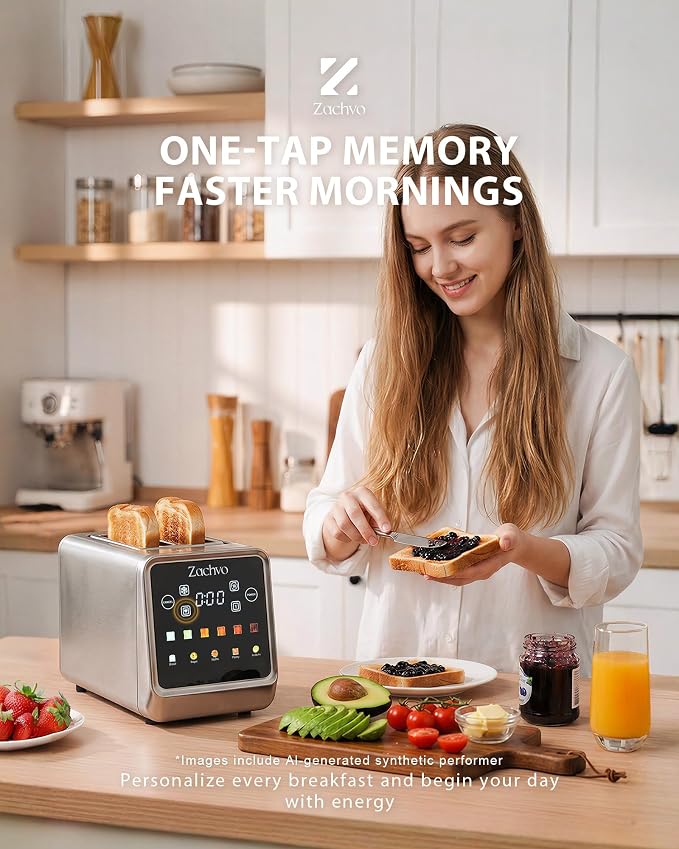 2 Slice Touchscreen Toaster with Digital Countdown & Bagel Mode | 1.5" Wide Slots, Single-Side Toasting, Bread, Waffle & Muffin Presets, Memory, 6 Shade Settings, Defrost & Reheat