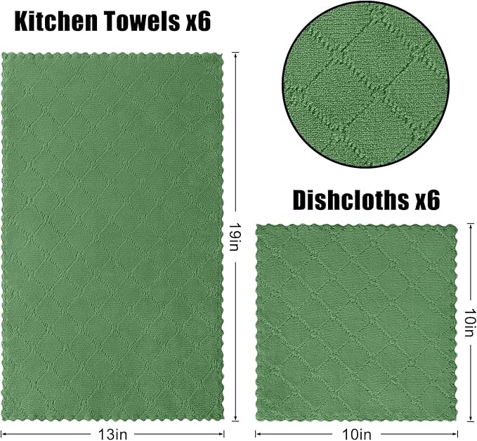 Homaxy Super Soft 12 Pack Kitchen Towels and Dishcloths Set, Grass Green | Ultra-Absorbent, 10 x 10 and 13 x 19 Inches, Coral Velvet, No Lint, Nonstick Oil, Fast Drying, Microfiber Cleaning Cloth
