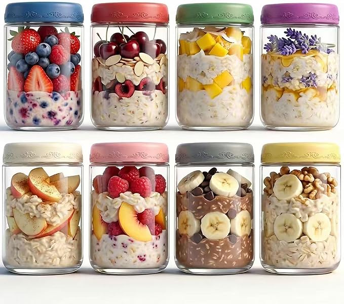 18 OZ 8Pack, Overnight Oats Jars with Lids, Glass Meal Prep Containers, Airtight Mason Jars for Breakfast, Yogurt Parfait, Salad & Smoothies, Leakproof and Reusable Food Storage Jars(8Pack)