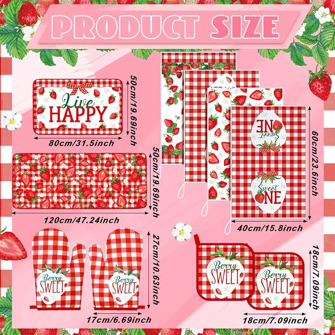 Fourluoo 10 Pcs Strawberry Kitchen Dish Towels Rugs Oven Mitts and Pot Holders Set Farmhouse Kitchen Decor Set for Women Mom Daughter Gift Cooking Baking Grilling (Red and White)