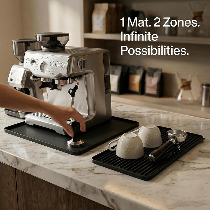 Silicone Coffee Mat for Countertop, 16x16 inch Heat Resistant Espresso Machine Mat, Non-Slip Coffee Bar Mat with Detachable Drying Area and Raised Edge, Waterproof Station Pad - Black