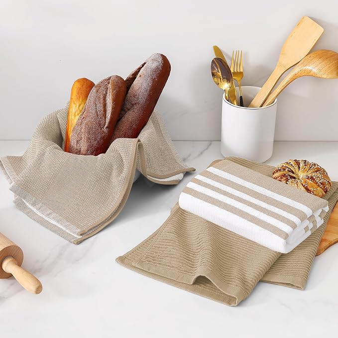 Homaxy Cotton 380 GSM Premium Kitchen Towels, 18"x 28", 9 Pack, Khaki | Soft and Absorbent Terry Dish Towels, Multipurpose Tea Towel Set with Hanging Loop, 3 Styles Kitchen Hand Towels