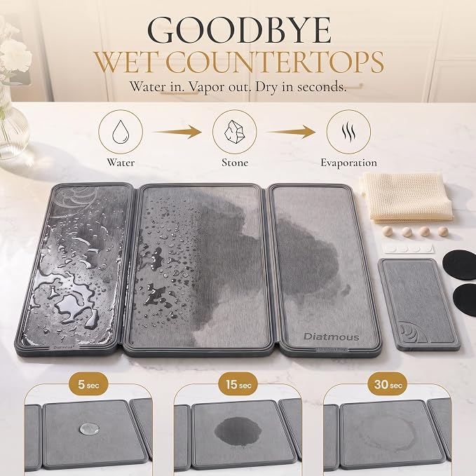 Large Stone Drying Mat for Kitchen Counter, Diatomaceous Earth Foldable Dish Drying Mat, Diatomite & Silicone Fast Water Absorbing Dry Pad, Thick Folding Drainer Mats for Dishes & Countertops