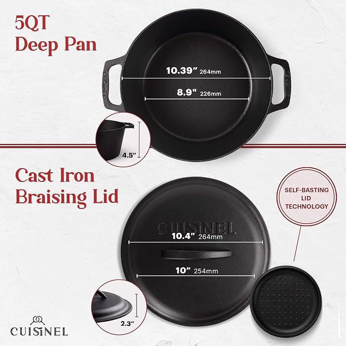 Cuisinel Cast Iron Dutch Oven - 5-Quart Deep Pot + Lid + Pan Scraper + Handle Cover Grips - Large Pre-Seasoned Cooker for Baking Bread, Soup, Frying - Indoor/Outdoor Kitchen, Camping, Fire, BBQ Safe