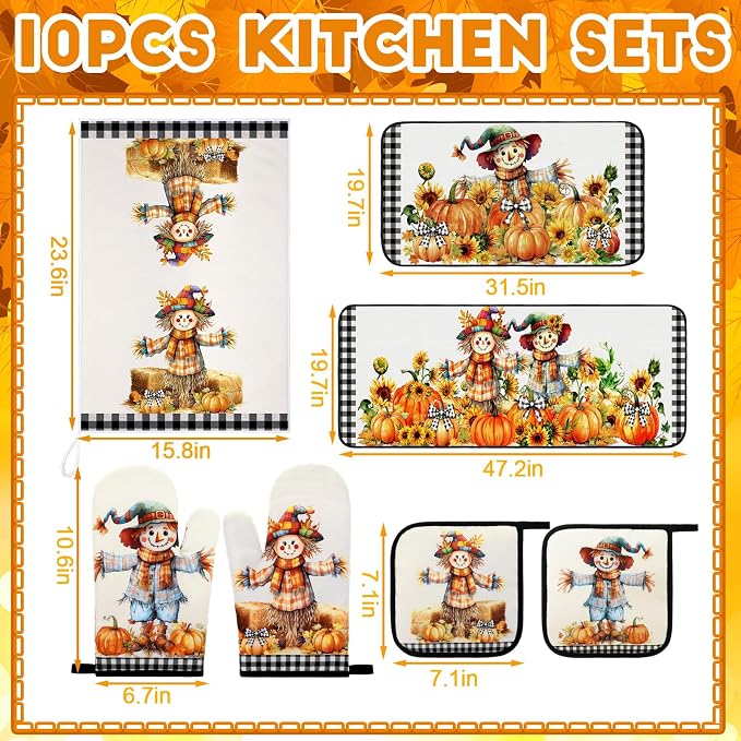 Fanfanwin 10 Pcs Thanksgiving Scarecrow Kitchen Decor Set Kitchen Towels Pot Holders Oven Mitts and Rugs Set Thanksgiving Towels for Baking Cooking BBQ Autumn Home
