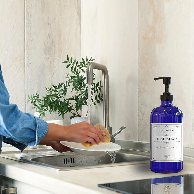 Cobalt Blue Glass Soap Dispenser with Pump, 16 oz | Blue Glass, Plastic Pump Hand and Dish, Bathroom and Kitchen Sink, Includes 6 Waterproof labels, (Pack of 2)