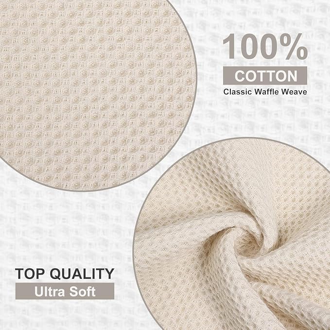 Kitinjoy 100% Cotton Waffle 4-Pack Kitchen Towels, 20" x 28", Beige | Super Soft, Ultra-Absorbent, Fast Drying, lightweight, Quick Drying Kitchen Hand Towels