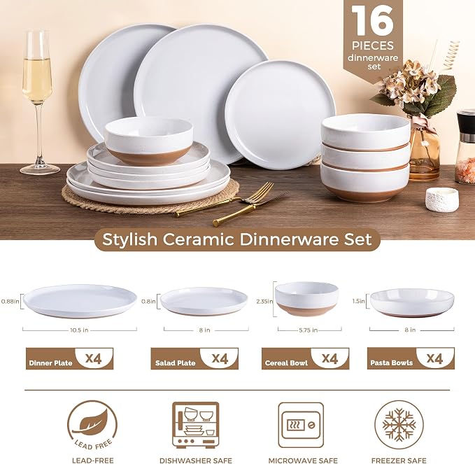 AmorArc Dinnerware Sets for 4, 16 Pieces Ceramic Plates and Bowls Set | Scratch Resistant Stoneware Dishes Set, Dishwasher & Microwave Safe,White