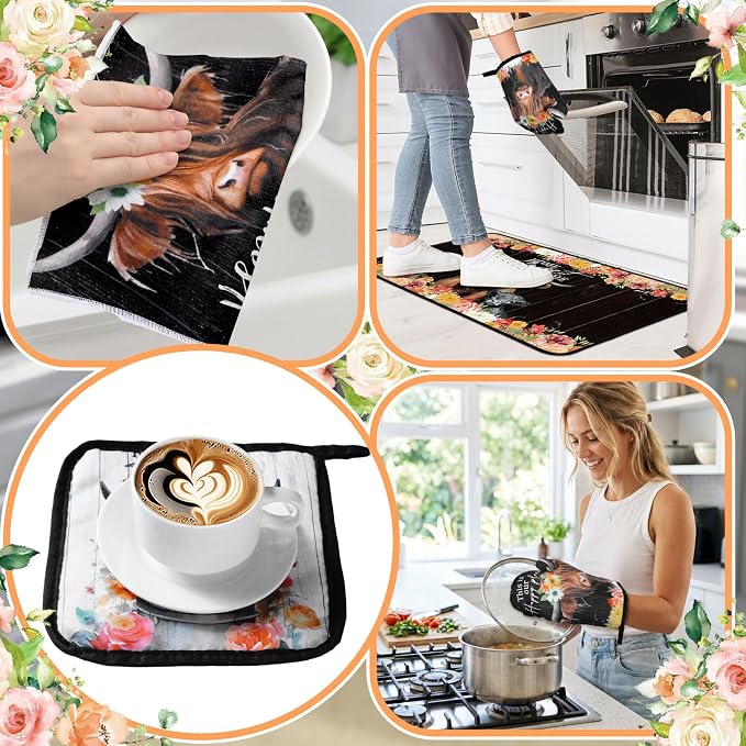 Fourluoo 10 Pcs Highland Cow Flowers Kitchen Decor Set Kitchen Towels and Rugs Oven Mitts and Pot Holders Farmhouse Rustic Decor Set for Cooking Baking Grilling Women Mom Gift