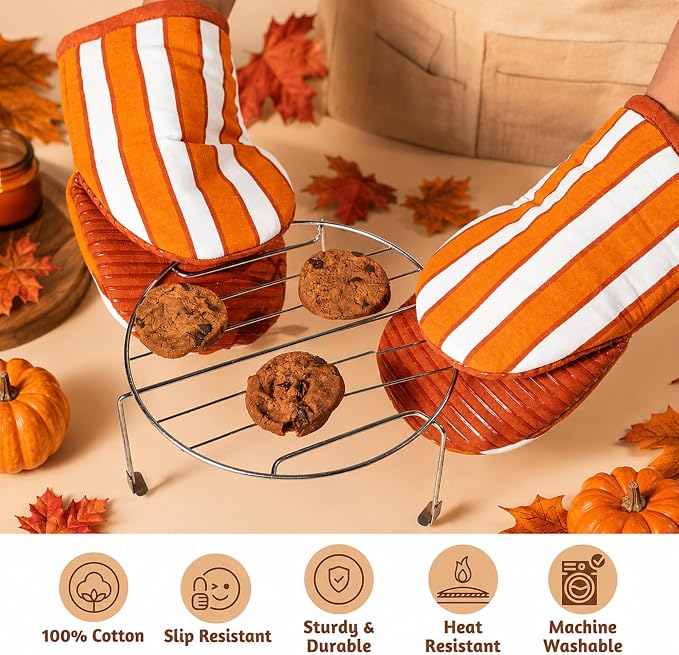 Folkulture Fall Oven Mitts, Striped Rust & White, Set of 2 - (5.75"x9") | 100% Cotton, Non Slip, Silicone, Cute Striped Mini Mits with Hanging Loop, Fall Kitchen Décor, Cooking Gifts, Baking