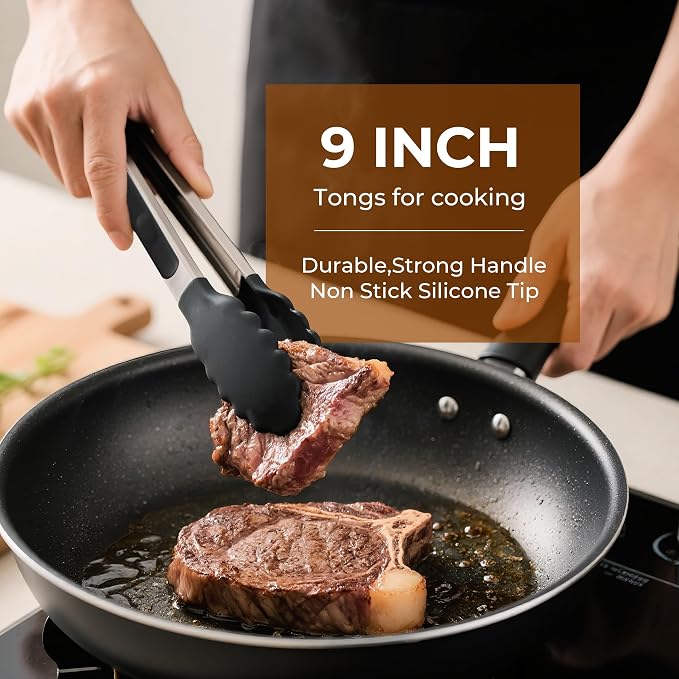 Stainless Steel&Silicone Food Tongs Set of 2 (9+12 Inch)-BPA-Free&Non-Toxic Heat Resistant Non-Scratch BBQ&Cooking Tools,Strong Grip Locking for Grilling,Air Fryer,Salad,Dishwasher Safe