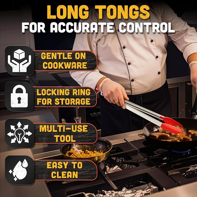 17.3" Extra Long Tongs with Silicone Tip & Stainless Steel Frame | Long Kitchen Tongs with Extended Reach, 3.3 Lb Hold and Storage Lock; for BBQ Grilling, Cooking, Grabbing, Serving and Salad