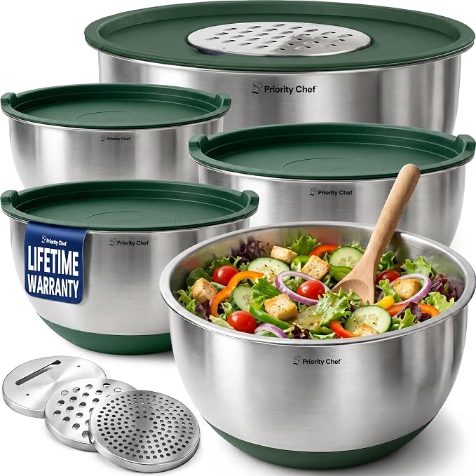 Priority Chef Stainless Steel Mixing Bowls with Lids Set, 3 Grater Attachments, Airtight Lids, Non-Slip Silicone Base Mixing Bowl Set, Large Prep Metal Mixing Bowls for Kitchen, Green
