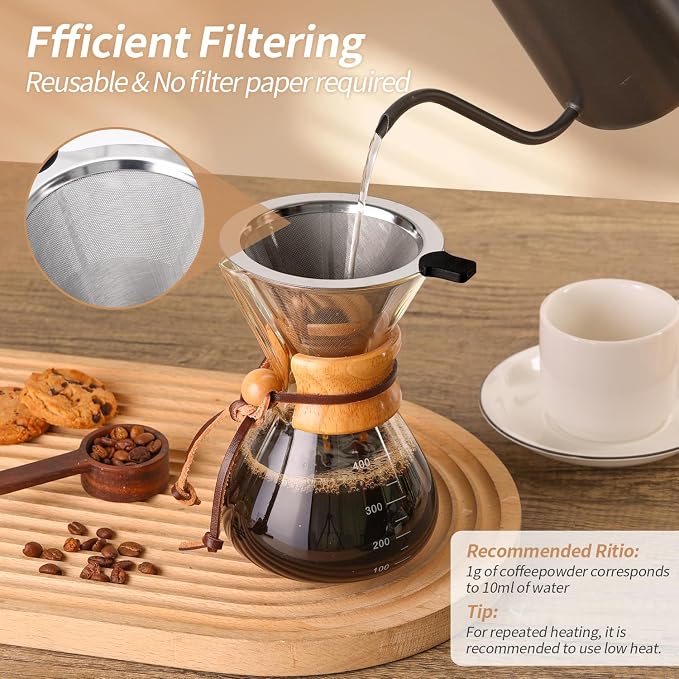 Pour Over Coffee Maker 14 OZ, 4 Cup Borosilicate Glass Drip Coffee Maker with Reusable Stainless Steel Filter and Cork Grip for Home Café 400 ML