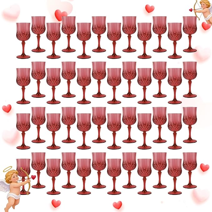 48Pack Plastic Wine Glasses, 7oz Vintage Goblets for Wedding | Unbreakable Crystal Style Reusable Stemware, Elegant Burgundy Drinking Glass for Party Anniversary & Holiday Celebration