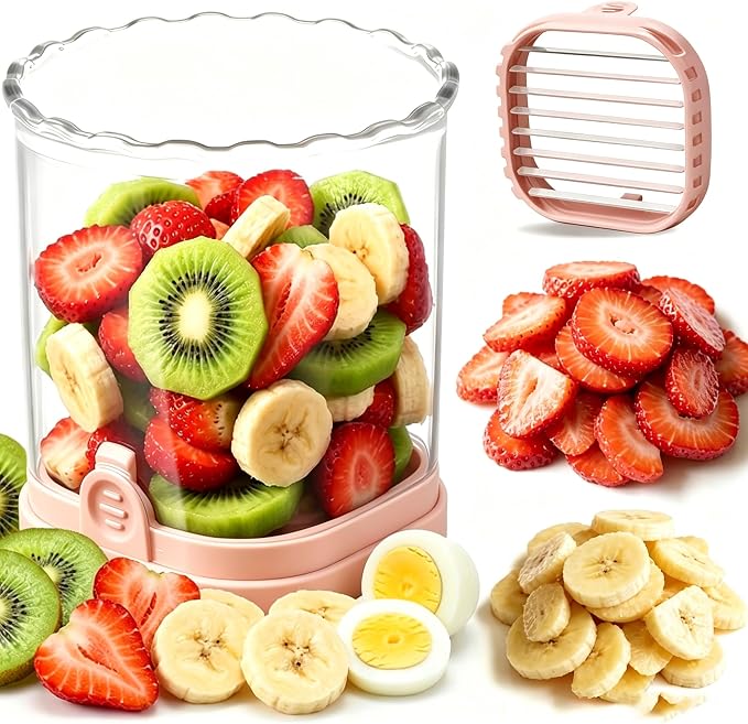 Hendiy Strawberry Slicer with Stainless Steel Blades | Egg & Fruit Slicer Cup for Banana, Cucumber, Mushroom | ABS Detachable Kitchen Gadget - Precision Berry Cutter Tool (1-Pack)