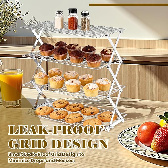 BEWOS 4 Tier Collapsible Cooling Rack - Adjustable Stainless Steel Baking Rack with Leak-Proof Mesh, X-Shaped Structure Cooling Rack for Cooking and Baking, Dishwasher Safe