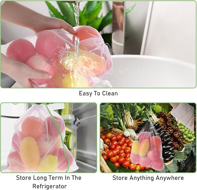 TIESOME 8PCS Reusable Produce Mesh Bags, Washable Vegetable Storage Bags | Grocery Storage Mesh Bags with Drawstring Transparent Toy Organizer Bags for Farmers Market Refrigerator Storage