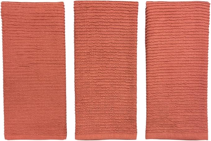 Peach Coral Salmon Kitchen Dish Towels, Set of 3, 100% Cotton, 18" x 28" | Terry Loop Ribbed Textured, Soft & Absorbent Cleaning Cloth, Quick Dry, Multipurpose for Everyday Use