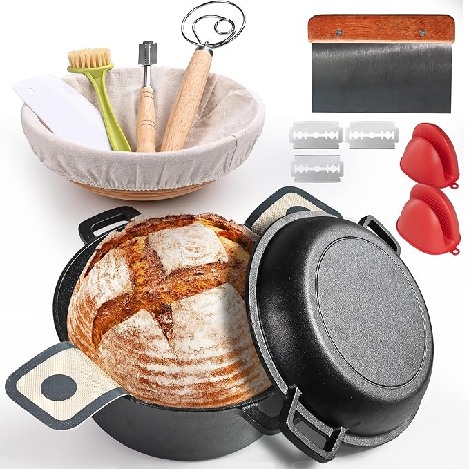 5QT Dutch Oven for Sourdough Bread Baking, Cast Iron Bread Pan with Lid | Multi-Functional Dutch Oven With Banneton Bread Proofing Basket & Baking Supplies, Cast Iron Bread Pan With Lid