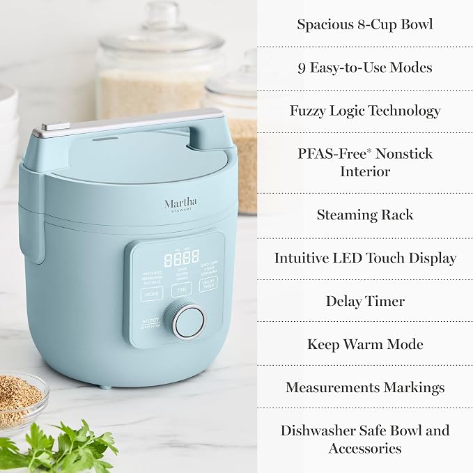Martha Stewart 8 Cup Cooked (4 Cup Uncooked) Rice Cooker & Steamer, Blue | PFAS-Free Ceramic Nonstick Removable Pot, 9 Modes, Keep Warm, Steamer, White & Brown Rice, Quinoa, Grains, Oats, Easy Clean