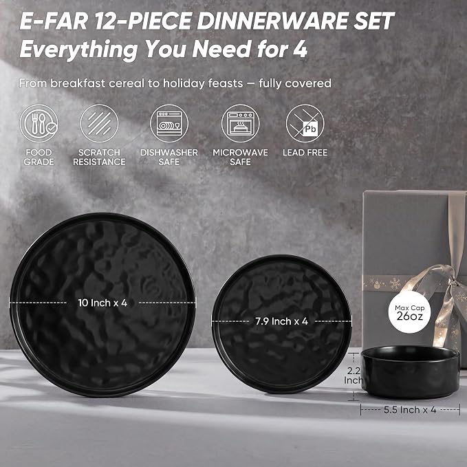 E-far Black Plates and Bowls Sets, 12-Piece Stoneware Dinnerware Set for 4 | Modern Ripple Design Dishes Set for Kitchen Dining, Chip & Scratch Resistant, Microwave & Dishwasher Safe, Matte Black