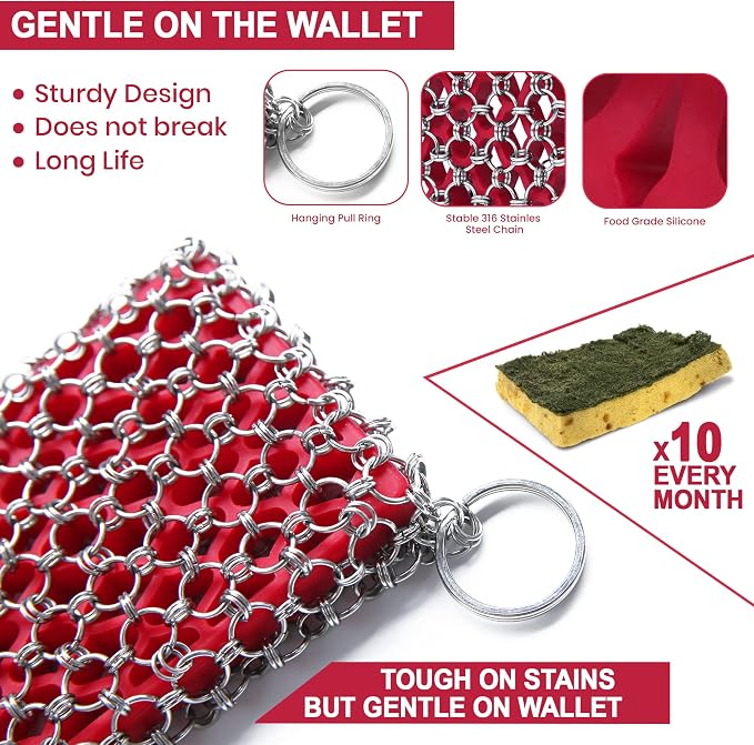 316L Cast Iron Scrubber Chainmail - Chain Mail Scrubber for Skillet, Pan | Cast Iron Cleaner Scrubber and Bamboo Cloth Set - Stainless Steel Chainmail Scrubber for Dutch Oven - Essential Accessory