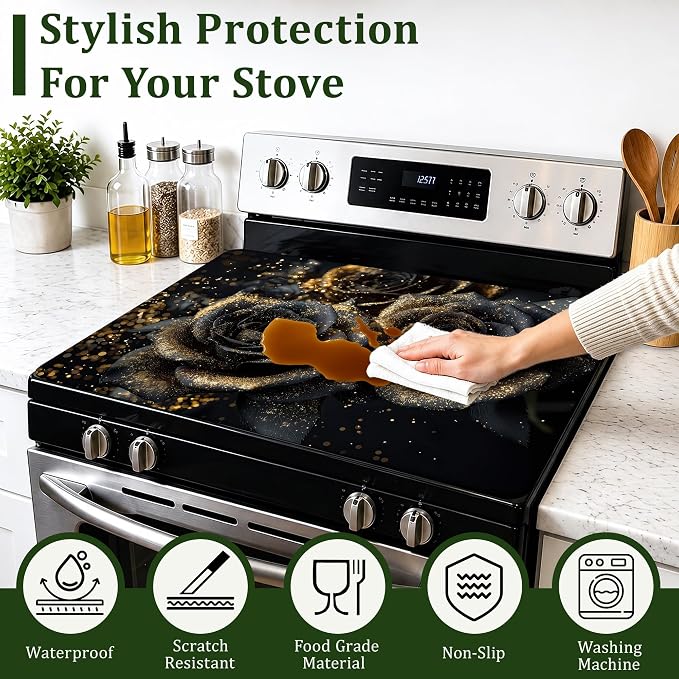 Black Gold Rose Stove Top Cover for Electric Stove 28.5"x 20.5",Heat Resistant Glass Top Stove Cover Protector,Glass Cooktop Covers, Kitchen Flat Electric Stove Top Covers