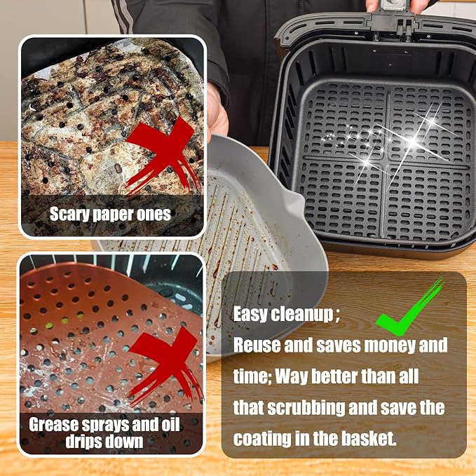 Golden Associate Silicone Liners Square for 6.5 to 7.5 inch Air Fryer, 2 Pcs Non-stick Food-grade Reusable Basket Baking Tray Airfryer Accessories, Top Size 7 inches, Bottom Size 6.3 inches