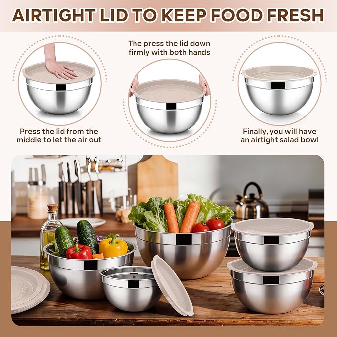 E-far Mixing Bowls with Lids Set, Stainless Steel Cooking Salad Bowl, Khaki | 10-Piece Metal Nesting Bowls with Airtight Lid for Kitchen Storage, Baking & Prepping, Dishwasher Safe, 0.7/1.5/2.1/3/4.6 QT