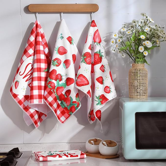 4 Pcs Strawberry Kitchen Towels Berry Hand Dish Towels Gift | Absorbent White Red Grid Tea Towel Fast Drying Housewarming Gift for Kitchen Bathroom Holiday Summer Strawberry Party Decor