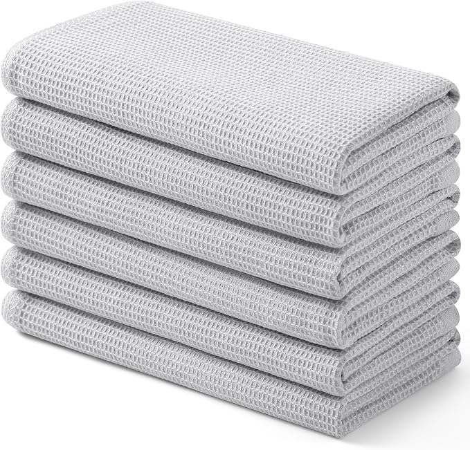 Homaxy 100% Cotton Waffle Weave Kitchen Towels, 6 Pack, Light Grey | Soft and Absorbent Dish Towels, 16 x 26 Inches Quick Dry Hand Towels