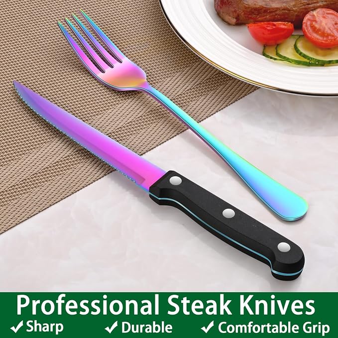 49-Pieces Colorful Rainbow Stainless Steel Silverware Sets With Organizer And Steak Knives,Knife Spoon And Fork Eating Utensils Sets For Ktichen,Multicolor Flatware Sets With Cutlery Tray