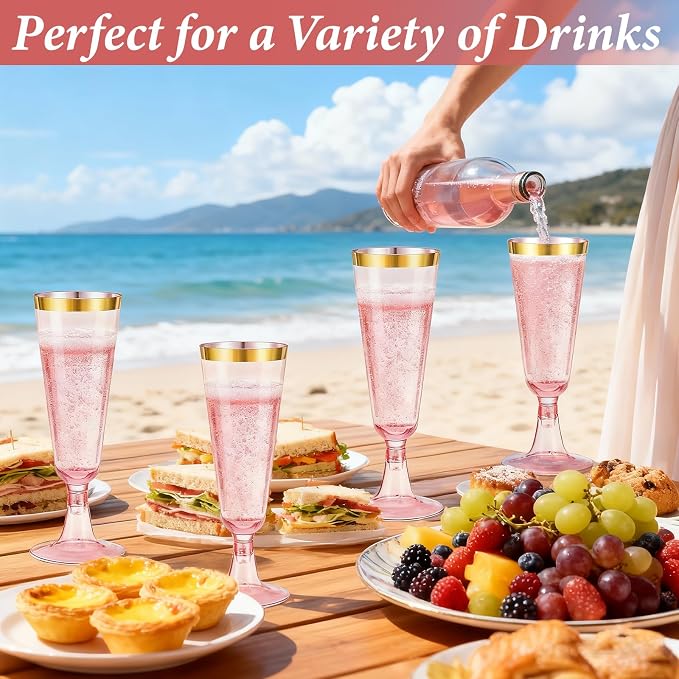 100 Pack Pink Plastic Champagne Flutes with Gold Rim, 5.5 Oz Clear Disposable Plastic Champagne Glasses, Wine Glasses Cups for Wedding Celebration Birthday Party Wine Tasting New Years Eve Supplies