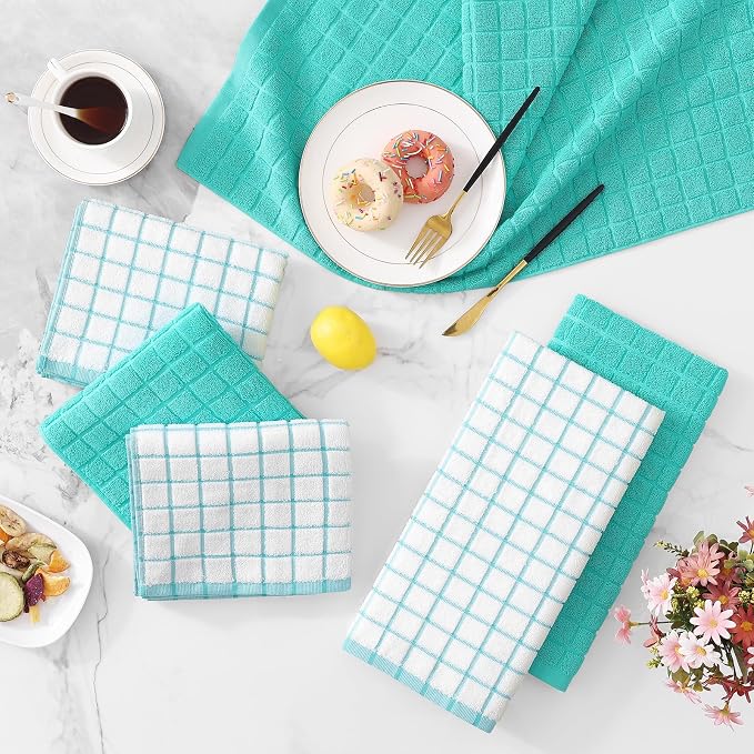 Homaxy Large Premium Cotton Kitchen Towels 16"x 28", 12 Pack, Aqua | Natural Ring Spun 390 GSM Dish Towels, Super Absorbent Terry Kitchen Hand Towels, Soft Tea Towels with Hanging Loop