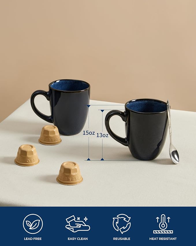 Pokini Coffee Mug 15 oz, Ceramic Coffee Mugs Set of 4, Reactive Glaze Mug for Latte/Tea/Cappuccino/Cocoa, Irregular Stackable Mug Set for Men, Women, Dad, Mom, Dishwasher & Microwave Safe, Starry Blue