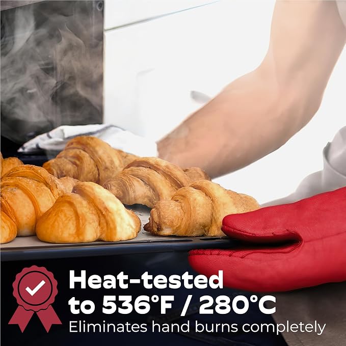 Silicone Mini Oven Mitts - Red Set of 2 - Heat Resistant to 536 F / 280 C Kitchen Gloves Professional Grade Pot Holders for Cooking Baking