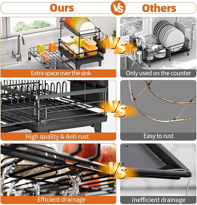 Urackify Expandable Sink Dish Drying Rack for Kitchen Counter, 2-Tier Black | Large Dish Racks, Sink Dish Drainer, Rustproof Dish Strainer with Utensil Holder, 12.3"-20.5" L x 15"W