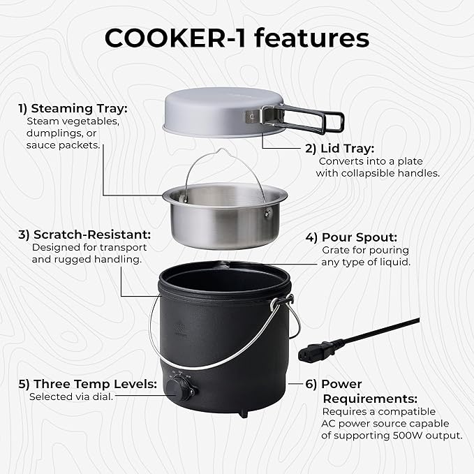 Electric Outdoor Cooker, Portable Hot Pot & Steamer, Rice Cooking Mode, Non-Stick 500W Camping Stove, 3 Heat Settings, 800ml Capacity, Auto Keep Warm, Plug-in for Power Stations (Black)
