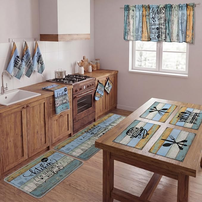 Fourluoo 16 Pcs Farmhouse Kitchen Decor Set 4 Kitchen Towels 4 Placemats 2 Non Slip Rugs and Mats for Floor 2 Spring Oven Mitts Gloves 2 Pot Holders 2 Floral Curtains for Home Decoration Gift