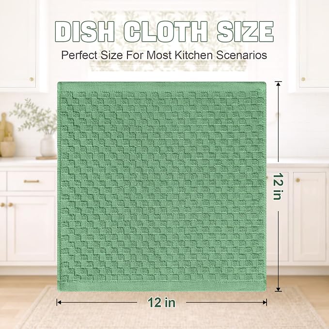 Homaxy 100% Cotton Terry Dish Cloths, 12"x12", 8-Pack, Grass Green | Ultra Soft Absorbent Dish Towels with Hanging Loop, Pineapple Grid Designed