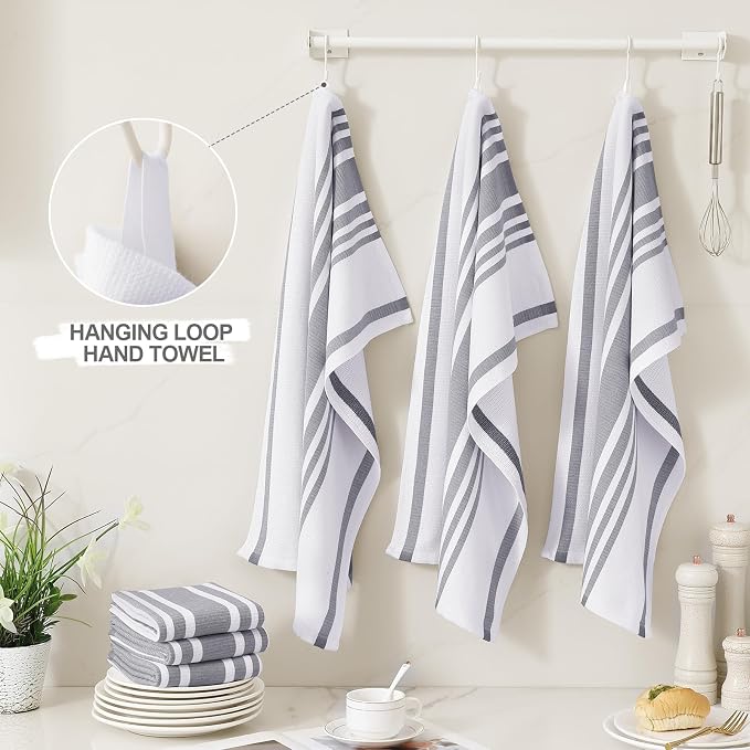 Homaxy Premium Cotton Stripe Kitchen Towels 12 Pack, 18"x 28", Grey | Large 380 GSM Kitchen Hand Towels, Soft Terry Dish Towels, Highly Absorbent Tea Towel Set with Hanging Loop