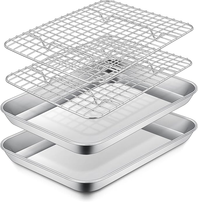 P&P CHEF 10.4 Inch Toaster Oven Pan Tray with Wire Rack, 4 PCS | Baking Sheet Pan + Cooling Rack for Cooking/Roasting, Dishwasher Safe & Rust Free, Non-toxic & Sturdy